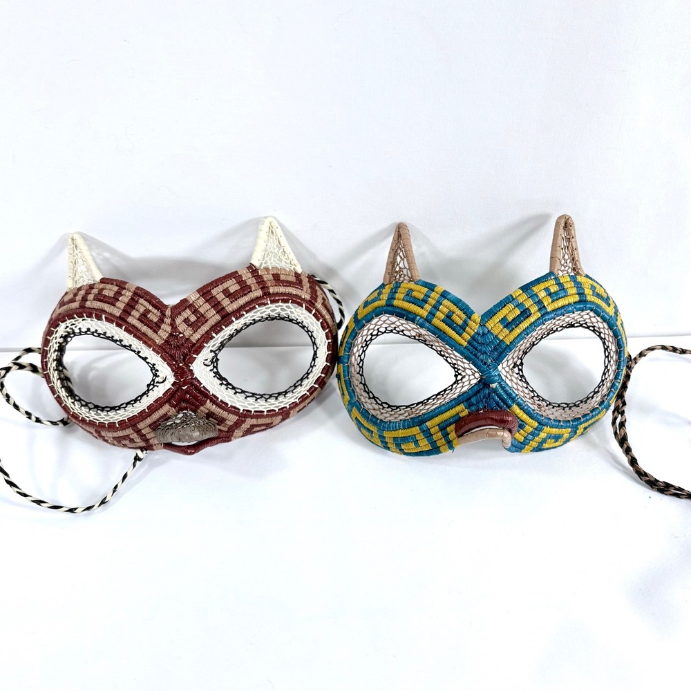Wounaan Embera Handwoven Palm Fiber Masks Panama Folk Art Cat Owl Set of 2